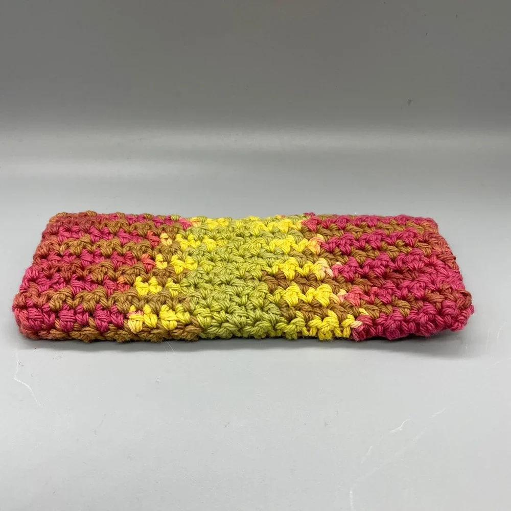 Handmade Crochet Pouch Variegated Pink Yellow Green Button Closure eyeglass case